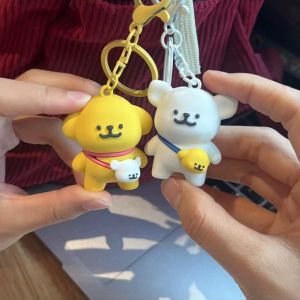 2Pcs Creative Couple Keychain for Women Man Cute Line Puppy Keyring Cartoon Doll Key Chain Backpack Decoration Pendant Friendship Gift