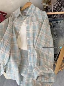 Blue Check Lazy Style Loose Sun Protection Shirt Summer