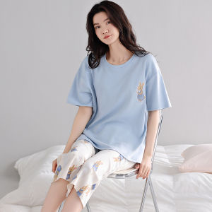 MiiOW | Pure Cotton Summer Sleepwear Short Sleeve Thin Home Clothes Set For Women With Chest Pad Seven Length Pants Sweet Cute Style