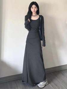 Korean Style Slimming Long Dress A-Line Skirt High Waist Elegant Ladylike Womens Spring Autumn High Fashion Sense Dress