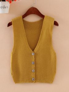 Autumn V-Neck Sweater Short Knitted Vest Womens Outerwear Small Backless Jacket Casual Versatile Button-Up Pure Color Design