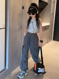 MPJ 2025 Kids’ Cargo Pants for Girls 5-15Yrs Multi-Pocket Wide-Leg Jogging Pants Baggy Casual Trousers