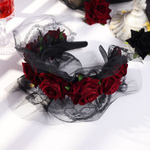 Baroque Handmade ดอกไม้สีแดงสําหรับผู้หญิงลูกไม้ Hairbands ปาร์ตี้ฮาโลวีนอุปกรณ์เสริมผม