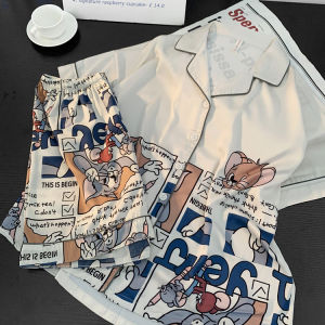 Couples Summer Ice Silk Short Sleeve Sleepwear Thin Large Size Cute Cartoon Home Clothes Set Youth Printed Ice Silk Pajamas