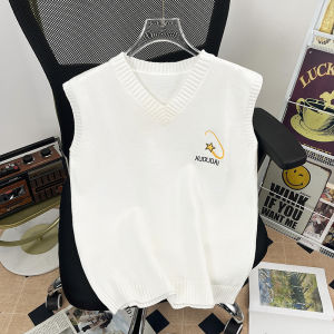 Japanese-Style Retro Embroider Knitting Vest Man Autumn and Winter Ins Hong Kong Style Loose V-neck Vest Preppy Style Bandage Dress Waistcoat