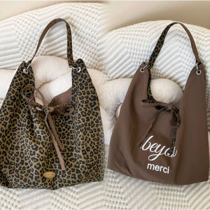 Korean Style Leopard Print Canvas Shoulder Bag Womens Large Capacity Commuter Bag Lazy Style Autumn Winter Single Shoulder Bag