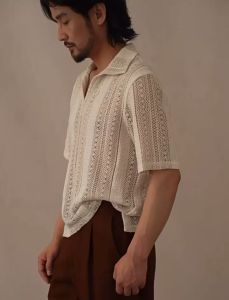 HUILISHI Lace See Through Polo for Men Short Sleeve Cotton Yarn Korean Style