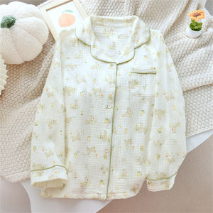 Pure Cotton Vintage Woven Sleepwear Womens Ethnic Style Double Layer Cotton Yarn Thin Long Sleeve Home Clothes Spring Autumn