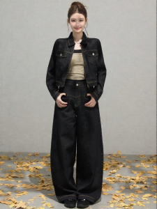 THROUS | Bộ Áo Khoác Jeans Ngắn Có túi Dán và Quần Dài Phối Cao Suông