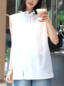 QINGNAER | Elegant Casual All-Match Oversized White Flounce Stand Collar Sleeveless Shirt