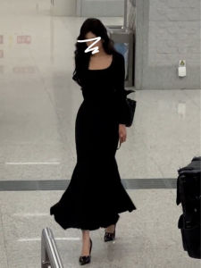 Hebe Style Black Long Dress Womens Autumn Winter French Elegance High Waist Fish Tail Dress Korean Version Polyester Fiber