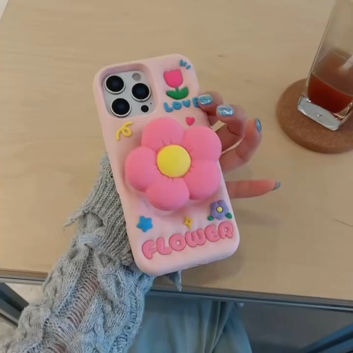 ขาตั้งยืดหด 3D พร้อมเคสศัพท์ซิลิโคนรูปดอกไม้สำหรับ iPhone 13 14 15 16 Pro Max เคสซิลิโคนอ่อนนุ่มสำหรับเคส iPhone 16 Pro Max