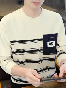 HENGYUANXIANG | Hengyuanxiang Spring 2025 Long Sleeve Mens T-shirt Casual Round Neck Sweatshirt Striped Base Shirt Fashionable Youth Urban Style
