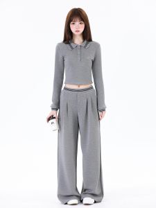 AREAX1101 Modern Modal Polo Neck Long Sleeve Short Top Wide Leg Floor Length Casual Pants Womens Autumn Fashion Leisure Clothes