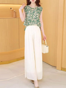 Shalldoer | Slimming Fashionable Mommy Outfit Summer 2025 Wide Leg Pants Two Piece Set Elegant Quality Womens Clothing Short Sleeve Round Neck