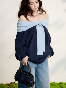 THROUS | Áo Thun Rộng Tay Dập Ly Màu Khối Nơ Cổ Trụ Lace Off-the-shoulder