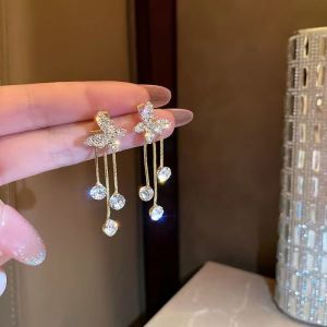 Discount Sale Shiny AAA Zirconia Butterfly Drop Stud Earrings Long Tassel With Diamonds Jewelry Luxury Style For Lady Girls Wear Accessories Gifts