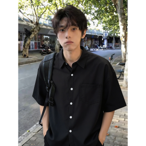 OUMULONG | Navy Washed Denim Shirt Male Five Quarter Sleeves