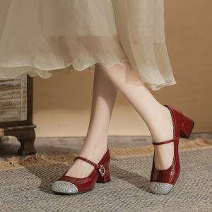 Ruby Red Mary Jane Wedding Shoes Womens New Chinese Style Xiu He Qipao Shoes Color Block Sequin Square Head Thick Heel Single Shoes