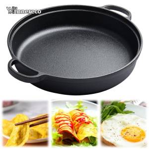 22/25/28/30cm Cast Iron Skillet with Double Handles Frying Pan Griddle for Bread Baking Outdoor Cooking Camping Kitchen Circle Paella Pan Double Handle Thickening Cast Iron Omelet Frying Pan Non-stick Crepe Pan Pancake Cooker Roasting