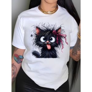 Ladies Cute Kitten Pattern T-shirt Soft Summer Round Neck Top with Pink Accents and Emoticons Eyes Pet Enthusiasts Casual Style