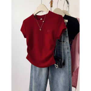 Red Heart Embroidery Short Sleeve T-Shirt Womens Summer Slim Fit Casual Style Pure Cotton round Neck Top Design Sensation