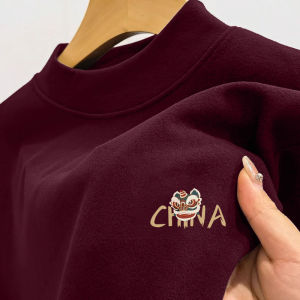 Wine Red Base T-Shirt for Men Winter Warm Long Sleeve Ins Fashion Half High Collar Double Sided Fleece Underwear