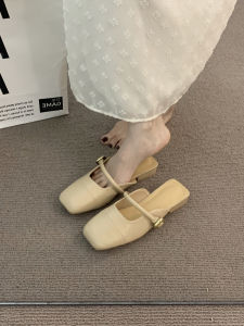 Womens Toe-Covered Half Slippers Womens Summer Outwear Light Khaki Low Heel French Style Gentle Fairy Lady Elegant with Skirt Sandals Flats