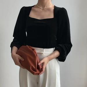 ELMORA | Baju Atasan Wanita Fashion Korea Blouse Bluse Top Sabrina Crop Top Elegan BJ1007