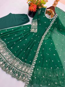 [PRE-ORDER] 2026 JULY SILK SEQUENCE EMBROIDERY DESIGNER WORK PARTY WEAR ANARKALI GOWN SIZE M TO 2XL ( DELIVERY 10 WORKING DAYS) ETA: 2026-12-30 | GREEN CRUNCHY SILK ANARKALI GOWN WITH EMBROIDERED DUPATTA AND PANT SET