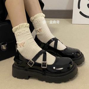 Kuso Maai Girls Black Patent Leather Thick Heel Big Head Shoes Autumn New Style Childrens Mary Jane Shoes Korean Style Casual PU