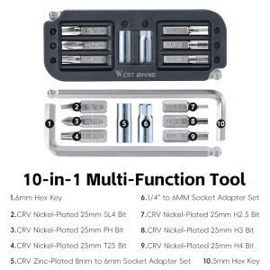 WEST BIKING 10-in-1 Multi-Fuction Bike Tool Kits CRV Steel Magnetic Wrench Allen Keys Set Lightweight Bicycle Repair Tools Kits