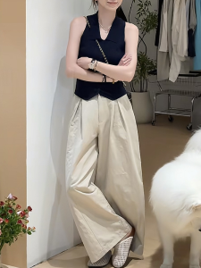 Shalldoer | Elegant Summer Polo Neck Sleeveless Knitted Top Wide Leg Pants Two Piece Set Casual Womens Fashion Comfortable Breathable