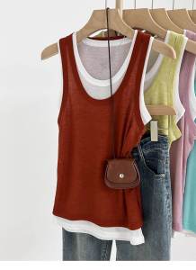 Mùa Hè 2024 Dopaamine Thời Trang Trắng Chia Ôm Vừa Vặn Cộc Tay Không Tay Vành Đeo Vai Phong Cách Đường Phố Cotton Vải Bông Pha Trộn Ống Thẳng Hở Lưng  Áo Hai Dây