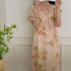 2024 New Chinese Style Artificial Cotton Nightdress Thin Summer Womens Improved Cheongsam Dress Loose National Style Pajamas Can Be Outwear