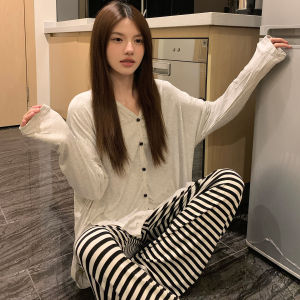 Long Sleeve Modal Sleepwear Womens Spring Autumn Thin Set Black And White Stripes Home Clothes V-neck Pullover Nightgown