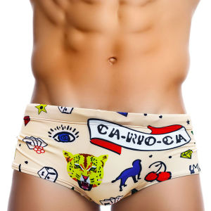 Khaki Printed Boxer Brief Swimming Trunks for Young Men High End Beach Ocean Swimming Equipment Flat Angle Pants Sportswear
