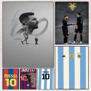 Bandai | A vintage-style poster of Argentine football superstar Lionel Messi suitable for home living room or bedroom decor.