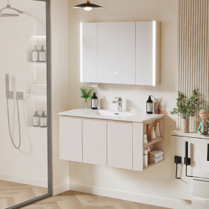 SSWW | Bộ Tủ Lavabo Phòng Tắm Màu Kem Trắng Gương Thông Minh Tủ Phụ Điều Chỉnh Được