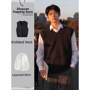 ZHUOCAN | High-End V-Neck Knit Vest for Men Autumn and Winter