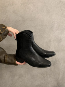 Maillard Brown Square Toe Booties Women Autumn Winter New Arrival French Retro Slimming V Cut Ankle Thick Heel Thin Boots