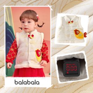 เสื้อกั๊กเด็กผ้าผสมโพลีเอสเตอร์ ทรงหลวม ปกติ แขนสั้น ฤดูหนาว 2024 เสื้อคลุมเด็กชายและเด็กหญิง สีแดง ชุดเยาวชน