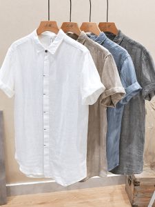 Loose Fit Linen Cotton Short Sleeve Shirt Mens Summer New Style Casual Breathable Loose Outerwear Fashionable Vintage