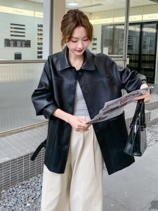 Black Retro Eco-Leather Jacket Womens Cool Casual Style 2025 Autumn New High-End Loose Fit PU Leather Coat Street Style