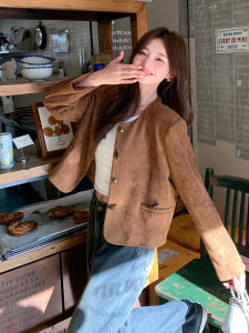 Womens Suede Jacket Spring Autumn New Style Small Size Button up Top Coat Commute Style Loose Fit Long Sleeve round Neck