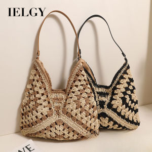 IELGY Straw Hollow Contrast Color Woven Bag Vacation Beach Bag