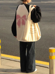 Pure Cotton Long Sleeve T-Shirt Womens Loose round Neck Butterfly Knot Cute White Shoulder Insertion Lazy Style Top