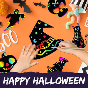 12PCS Halloween DIY Scratch Paper Rainbow Art Craft Pumpkin Ornament Magic Colorful Card Party Art for Kids Halloween Decoration