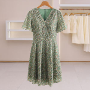 Floral Print V-neck Slimming Short Sleeve Dress