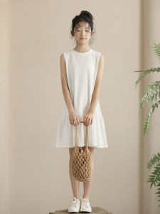 ชุดเดรสยาวแขนสั้นผ้าฝ้ายบางสไตล์ญี่ปุ่นสำหรับเด็ก ชุดเดรสฤดูร้อนสำหรับเด็กผู้หญิง ชุดเดรสสีขาว ชุดเดรสยาวเอวสูง ชุดเดรสยาวปานกลาง